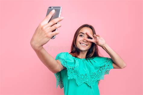 Portrait Stylish Beautiful Positive Girl Taking Selfie Smartphone