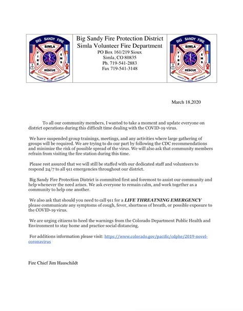 Please note that the information provided below was last updated on december 29 a. 2020 COVID-19 Letter to The Public | Simla Volunteer Fire ...