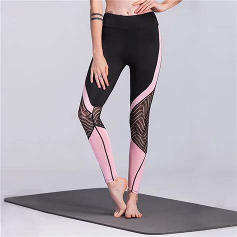 Pink Leggings Women Fitness High Waist Patchwork Mesh See Through Sexy