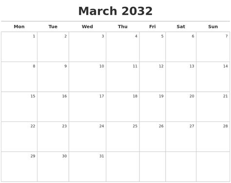 March 2032 Calendar Maker