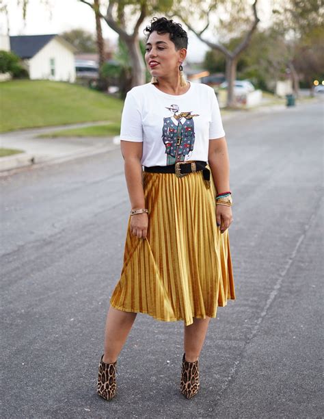 Ootd Velvet Pleated Skirt And Graphic Tee Mimi G Style Metallic