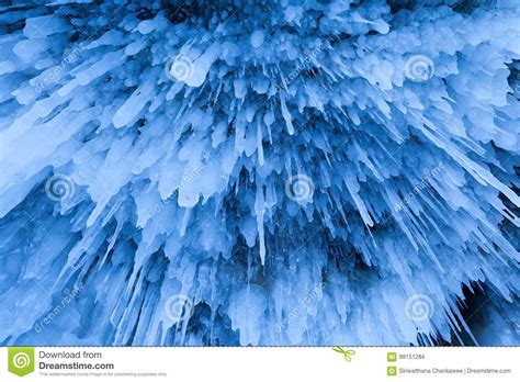 Icicle Frozen From Ceiling Of The Cave On Olkhon Island Stock Photo