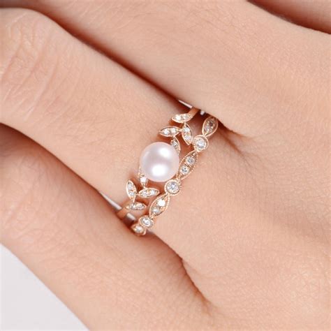 Pearl Rose Gold Engagement Ring Set Flower Bridal Ring Diamond Etsy