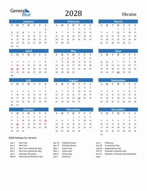 2028 Ukraine Calendar With Holidays