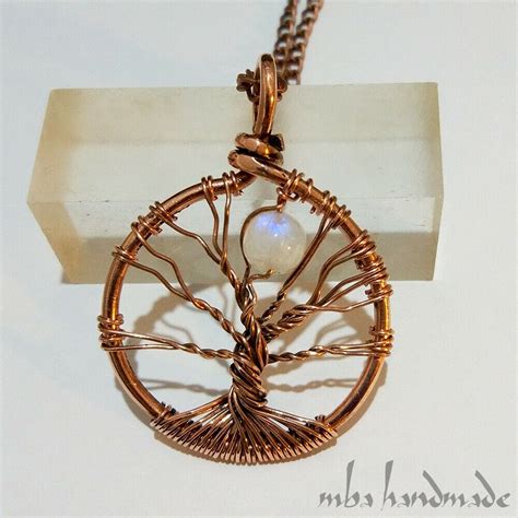 Natural Rainbow Moonstone Tree Of Life Pendant Antiqued Copper Wire
