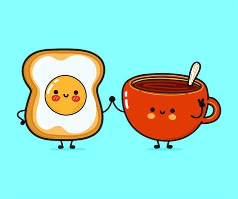 premium vector cute funny happy cup of coffee and bread with eggs character