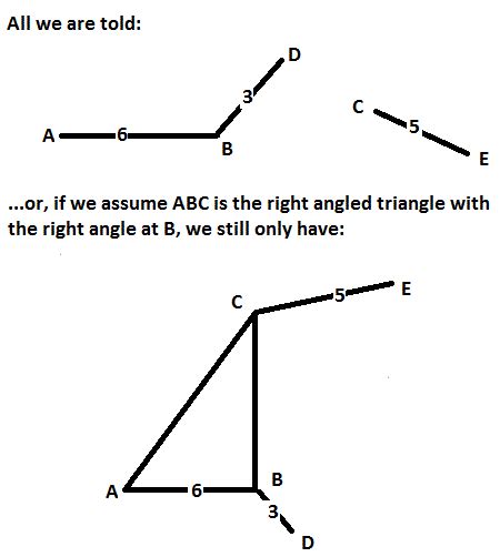 Consider a triangle in which a, b, and a are given. How do you solve a right triangle with AB=6, BD=3, CE=5? | Socratic