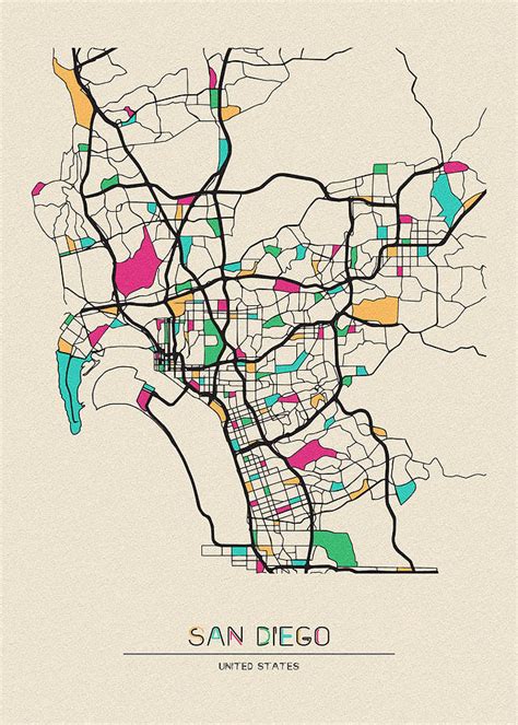 San Diego California City Map Drawing By Inspirowl Design