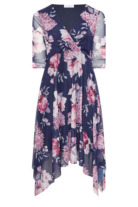 Yours London Plus Size Blue Floral Mesh Wrap Dress Yours Clothing