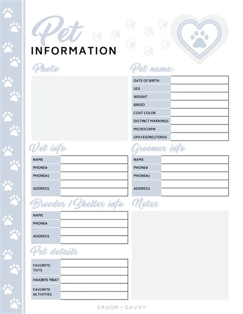 Home And Living Info Sheet Pet Information Pet Sitter Notes Pdf Cute