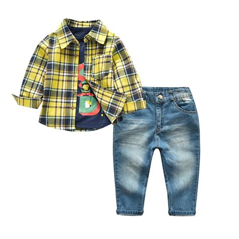 Toddler Baby Boys Clothes Set Infant Kids Plaid Shirt Jeans 2pc Boy
