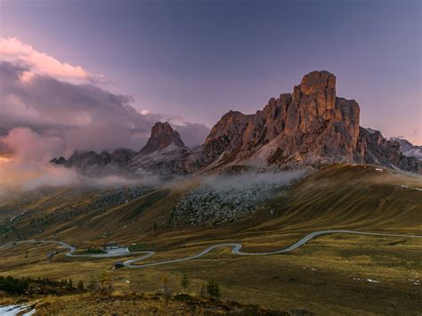 Wallpaper Italy Dolomites Mountains Road Houses Fog Clouds
