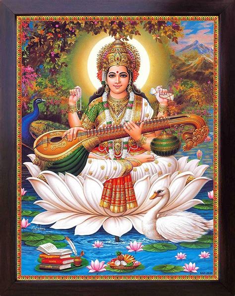 Goddess Saraswati With Her Saraswati Veena And Swan Sitting On Lotus