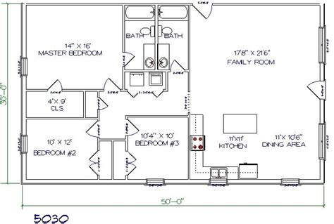 Barndominium Floor Plan 3 Bedroom 2 Bathroom 50x30 Pole Barn House