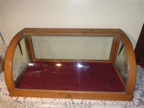Antique Curved Glass Oak Tabletop Large Display Case