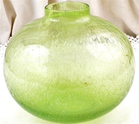 Vintage Large Round Green Bubble Glass Vase Retro French Biot Boule Style Air Encased Glass