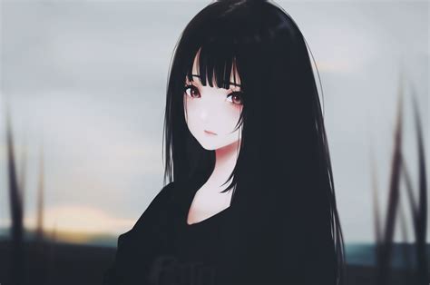 Beautiful Anime Girl Black Hair Android Red