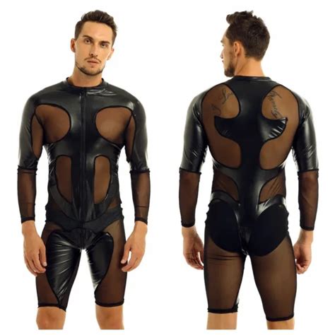 sexy men faux leather mesh one piece leotard catsuit jumpsuit bodysuit clubwear 18 71 picclick