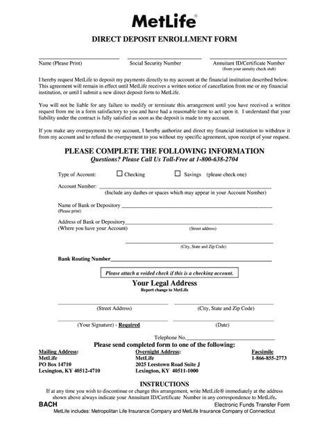 Metlife Direct Deposit Form Fill Out And Sign Printable Pdf Template