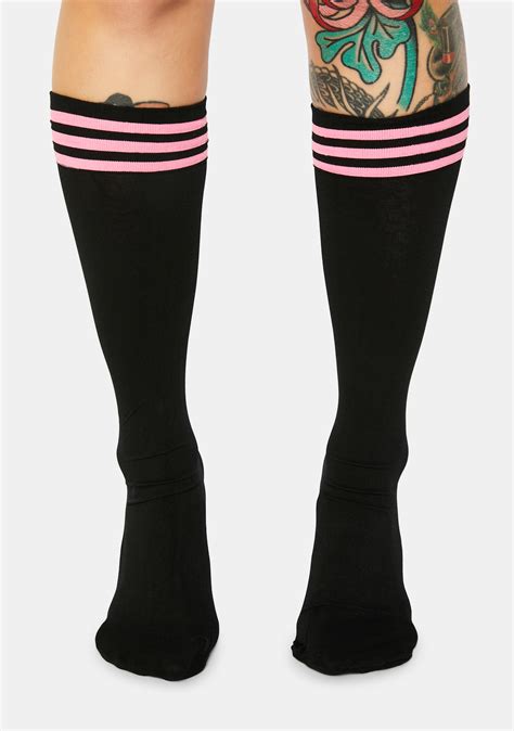 stripe knee high socks black hot pink dolls kill