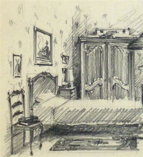 Pencil Drawing Bedroom Interior Circa 1950