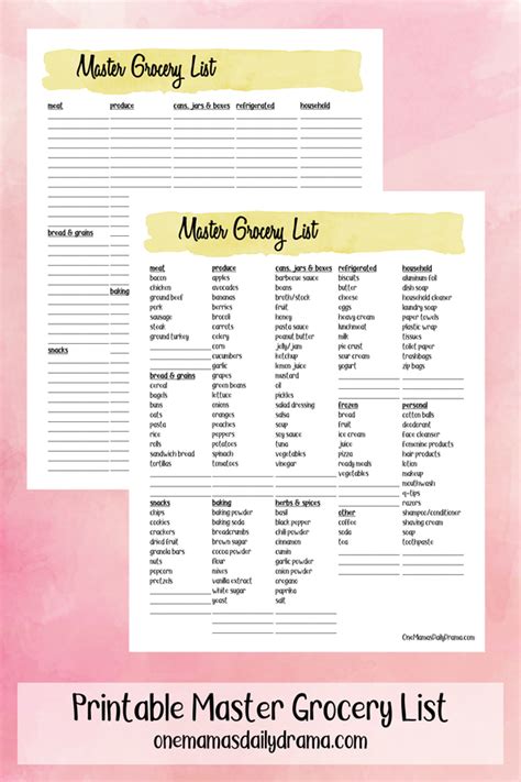 Printable Master Grocery List Printable Planner Inserts