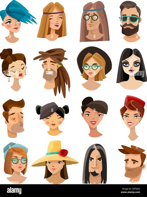 Set Of Male And Female Avatars In Cartoon Style Including Hippie Punk