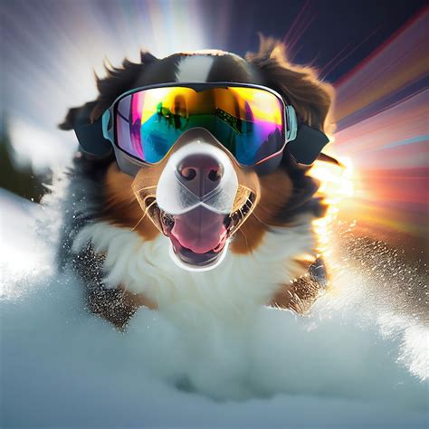 Premium Ai Image Cool Dog In Ski Goggles Rides A Snowboard