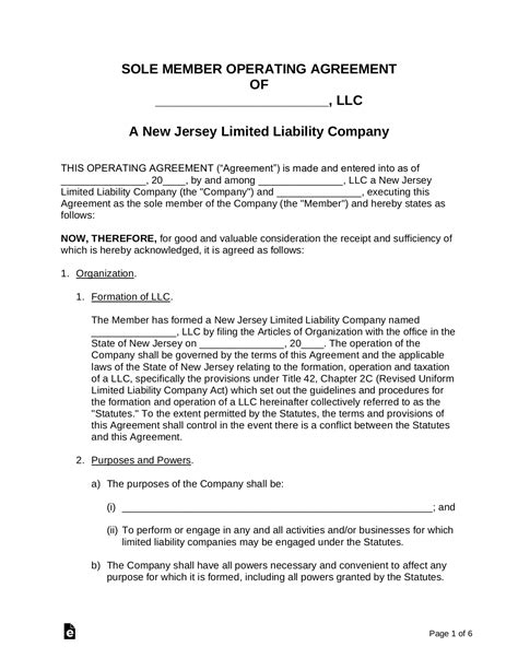 Free New Jersey Single Member Llc Operating Agreement Form Pdf Word