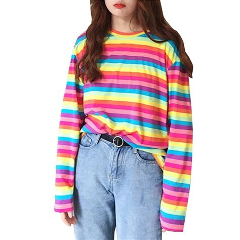 buy fashion harajuku rainbow stripe t shirt women casual autumn female shirt