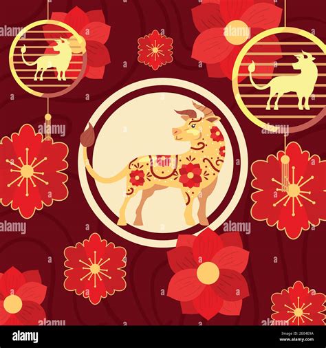 Chinese New Year 2021 Bull With Red Flowers Design China Culture Asia