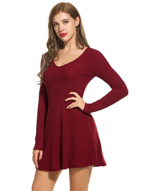 Women V Neck Long Sleeve Mini Knit Sweater Dress On Luulla
