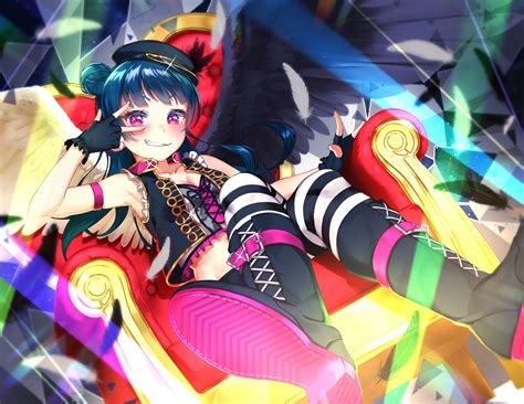 Blue Hair Blush Boots Breasts Cleavage Feathers Gloves Hachinatsu Hat Long Hair Love Live