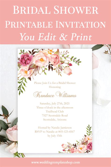 Bridal Shower Invitation Template Romantic Blossoms Printable Diy