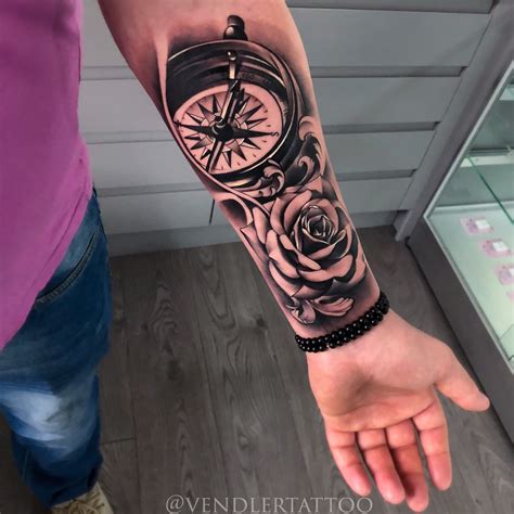 Mens sleeve tattoos, rose tattoo, compass tattoo, tattoo design