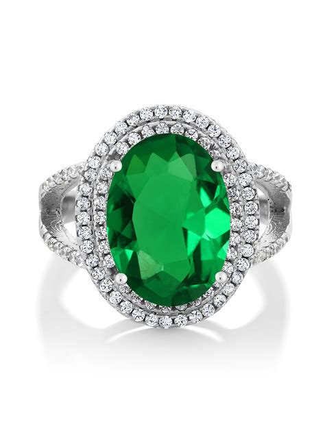 Gem Stone King 925 Sterling Silver Green Nano Emerald Ring For Women 7
