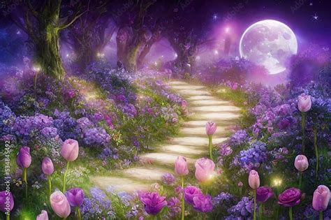Plakat Fantasy Eustoma Flowers Garden In Enchanted Fairy Tale Dreamy