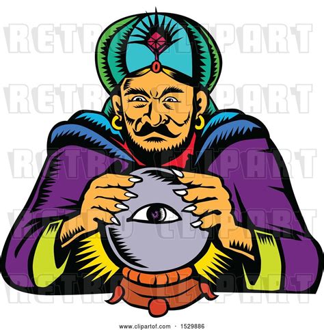 Vector Clip Art Of Retro Woodcut Fortune Teller With A Crystal Ball By