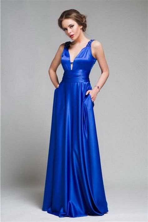 Long Evening Dress Cobalt Blue Satin Gown Floor Length Flared Maxi