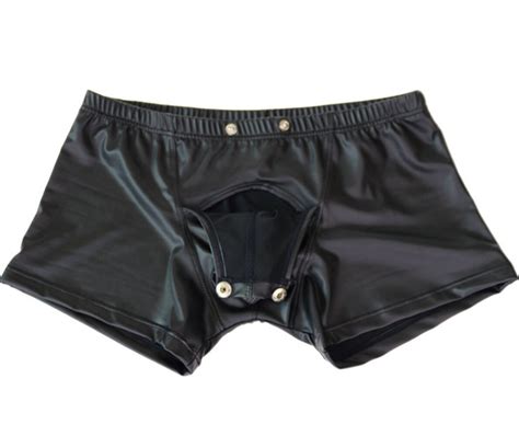 Men Lingerie Patent Leather Boxers Briefs Bikini Open Butt Underwear