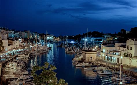 Download Wallpapers Menorca Island Bay Evening White Yachts