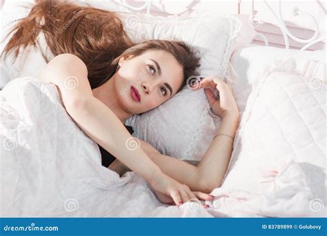 Pleased Young Woman Dreaming In Bed Free Space Stock Image Image Of Lying Beauty 83789899