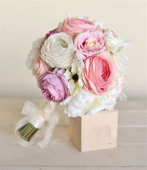 Silk Bridal Bouquet Pink Roses Babys Breath Rustic Chic Wedding New