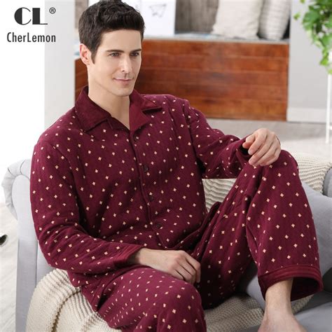 cherlemon mens thicken quilted cotton plaid pajamas homewear long sleeve warm winter pyjamas