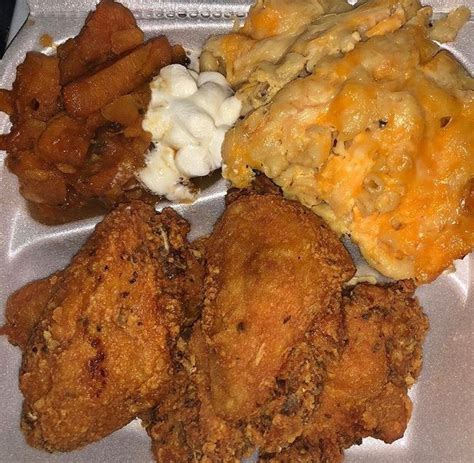 Fried Chicken Candied Yams And Mac And Cheese Food Soul Food Dinner