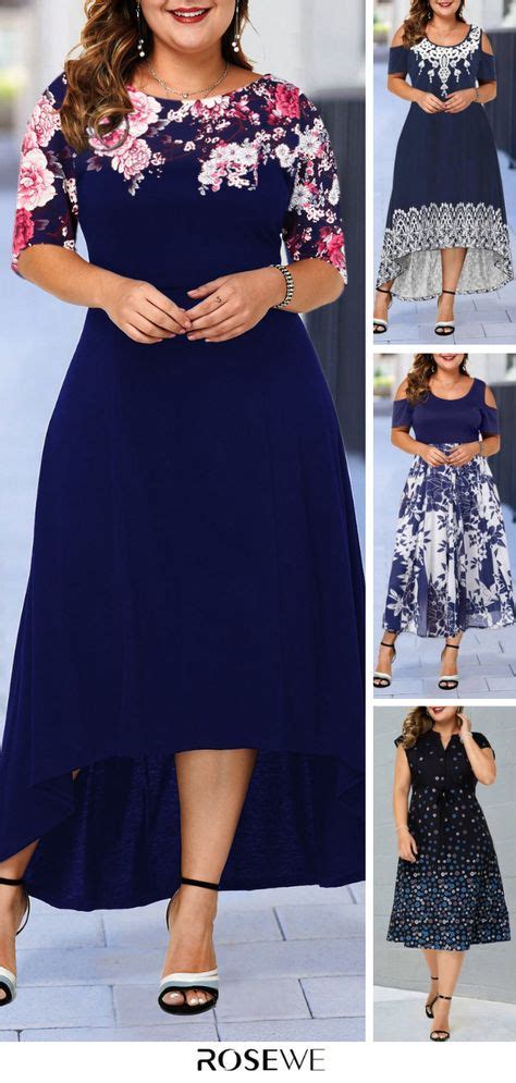 Plus Size Flower Print Dip Hem Blue Chic Summer Modest Rosewe Dress