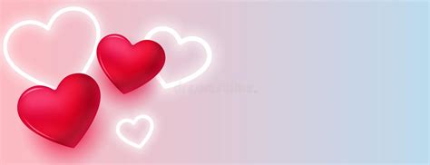 Lovely 3d And Neon Hearts Wide Valentines Day Banner Stock Vector