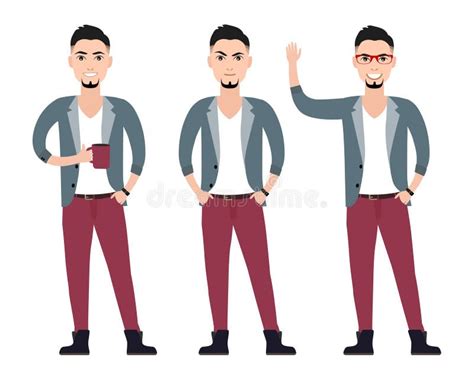 Young Man Character In A Suit Flat Set In Stock Vector Illustration