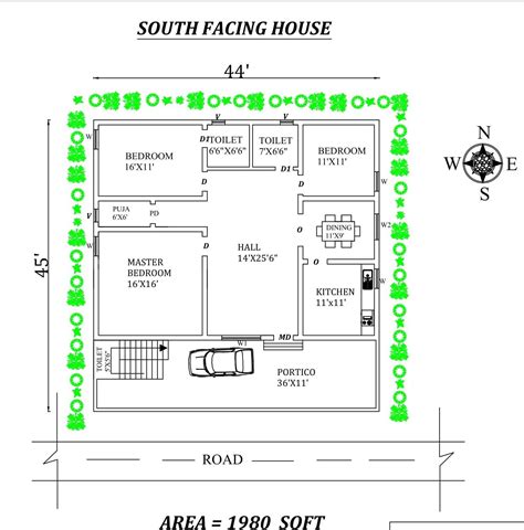 44x45 3bhk South Facing House Plan As Per Vastu Shastraautocad Dwg