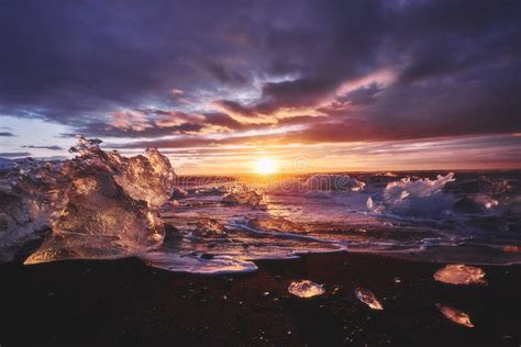 Sunrise At Diamond Beach Near Jokulsarlon Glacier Lagoon Iceland Stock